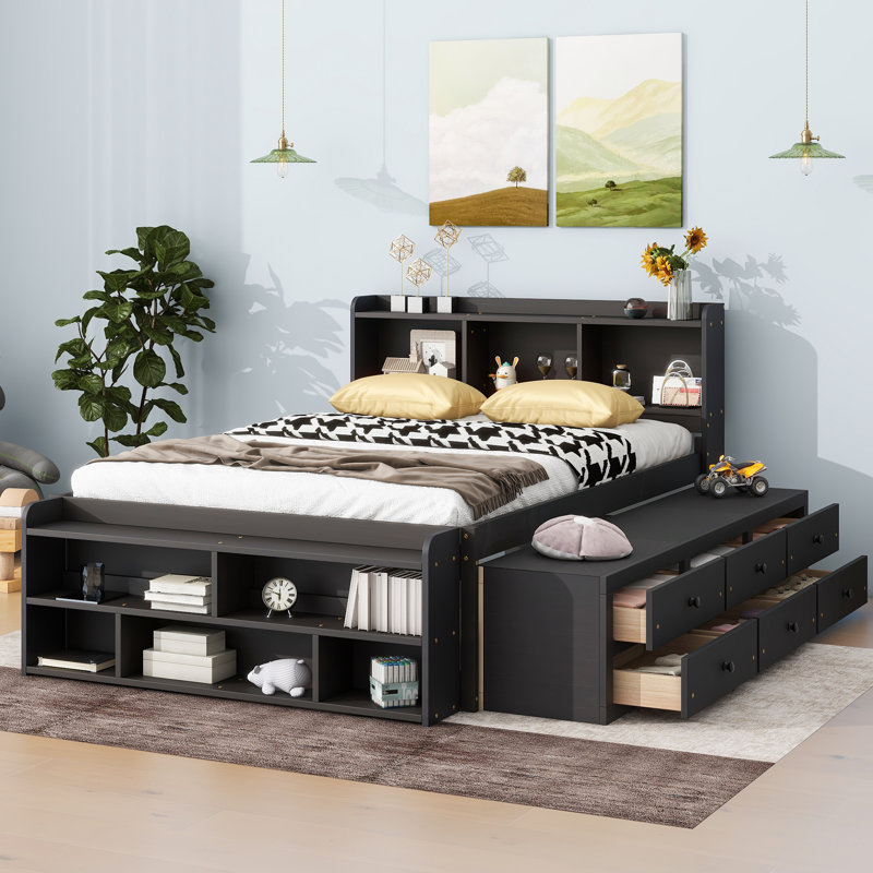 Lit double avec tête de lit bibliothèque, tiroirs de rangement sous le lit et étui de rangement de bout de lit, espresso
