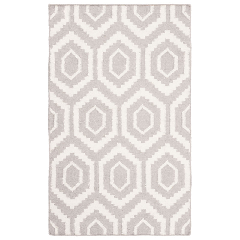 Fung Hand Woven Flat Weave Wool/Cotton Geometric Rug in Gray/Ivory, Rectangle 2'6" x 4'