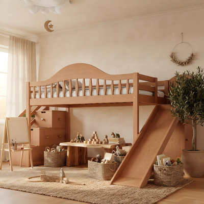 Solid Wood Loft Bed with Slide, Wardrobe and Storage Stairs, Elevated Bed Frame with High Safety Guardrails