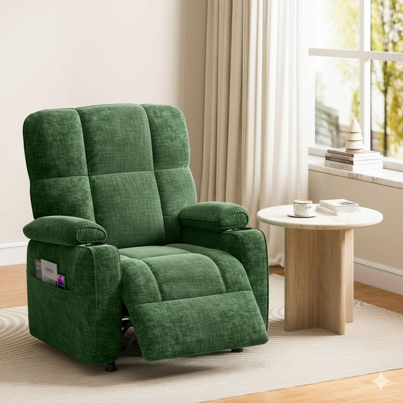Infinite-Position Power Recliner With USB Port , Cup Holder & & Side Pockets, Thick Seat Cushion, Chenille Reclining Chair
