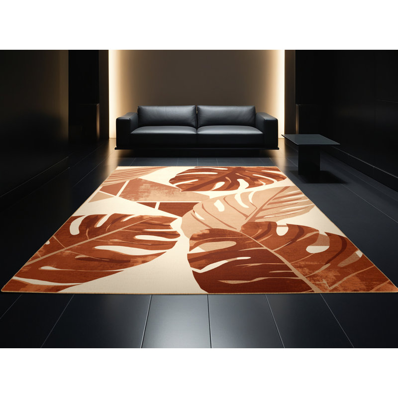 Tapis moelleux et moelleux à motif abstrait moderne et contemporain Durso Monstera brun - Reliure brun clair, Carré 6 pi