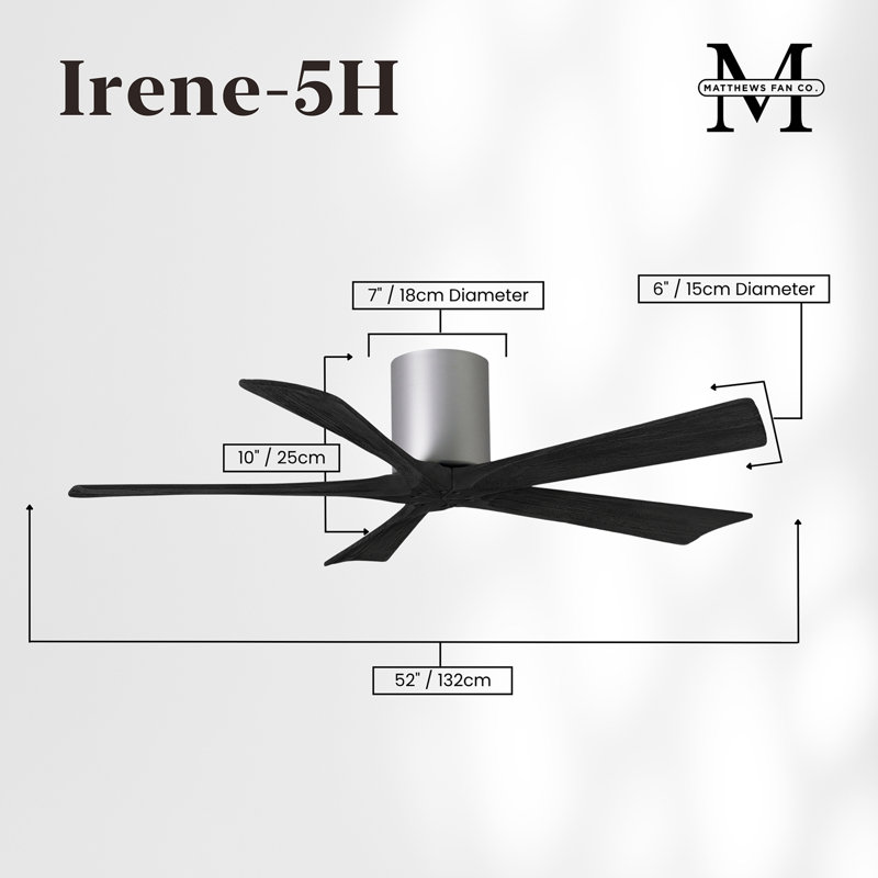 60" Irene 5-Blade Hugger Ceiling Fan with Wall Remote, 52", Brushed Nickel, Matte Black