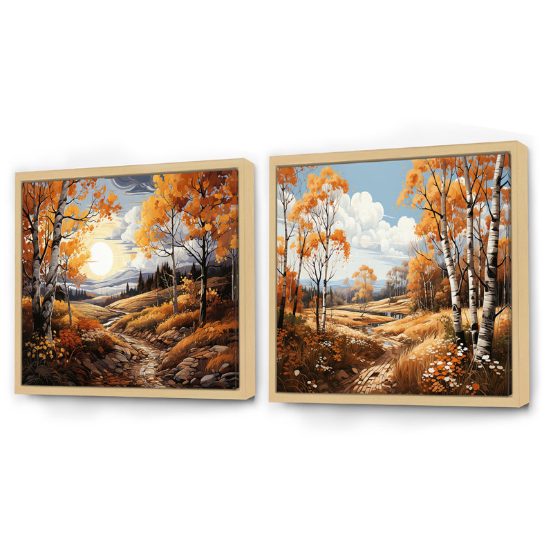 Birch Woods Golden Reflections - Ensemble de 2 boules carrées, Cadre flottant brun, H 30 po x l 61 po