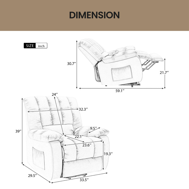 Fauteuil de massage inclinable électrique chauffant, Velours beige
