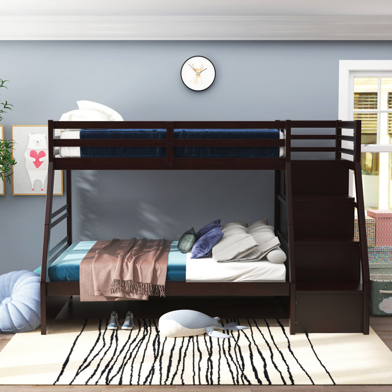Ian Kids Twin Over Full Bunk Bed with Drawers, Dark Walnut