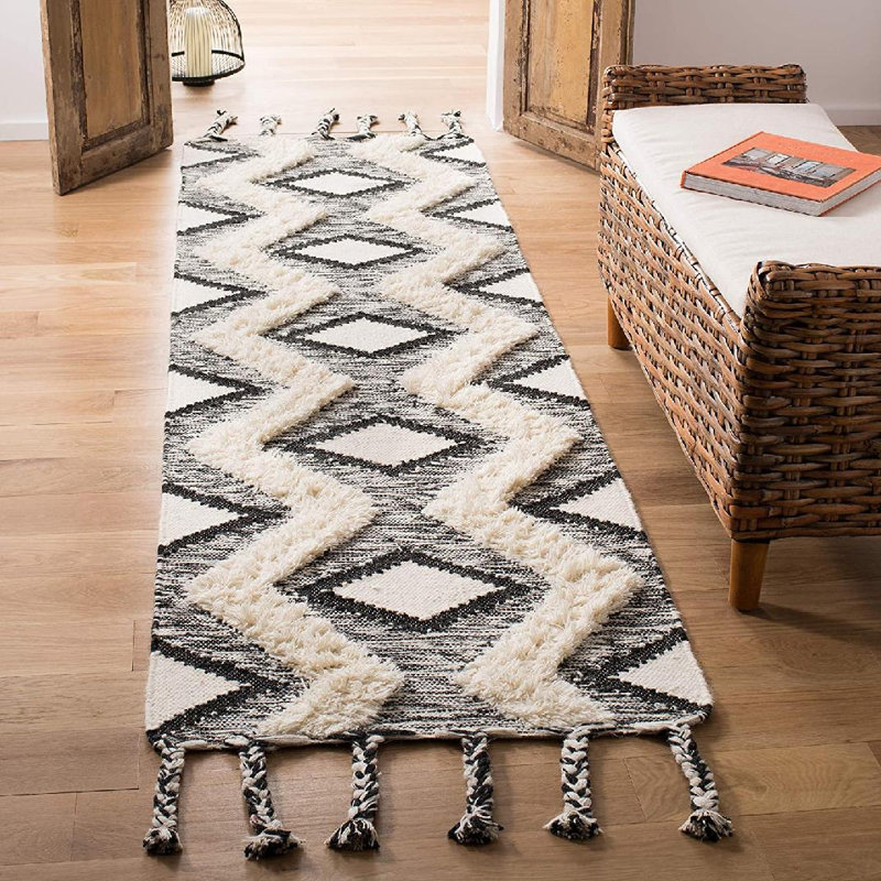 Alimatou Hand Knotted Wool/Cotton Geometric Rug in Beige/Black, Runner 2'3" x 8'