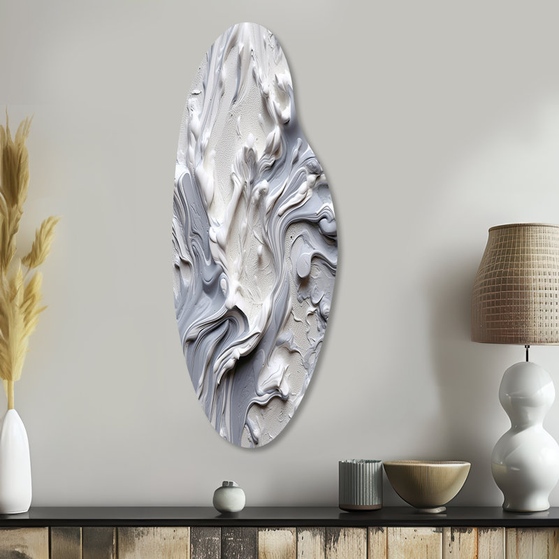 Grey and Cream Harmony In Chaos II - Asymmetrical Abstract Metal Wall Art, Curved Metal Wall Sculpture Print
