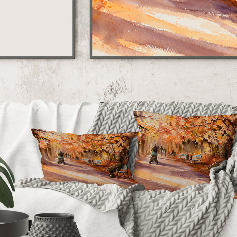 Rectangle, route dans le parc, journée ensoleillée d'automne - Coussin décoratif imprimé campagne