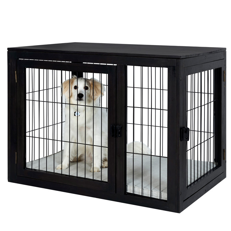 PETMAKER Furniture-Style Dog Crate - Acacia Wood Kennel with Double Doors and Cushion - Dog Cage Furniture, Black