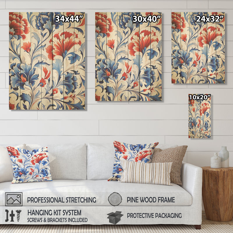 Motif floral de tuiles turques rouges et bleues III - Floral abstrait sur bois, H 20 po x l 10 po