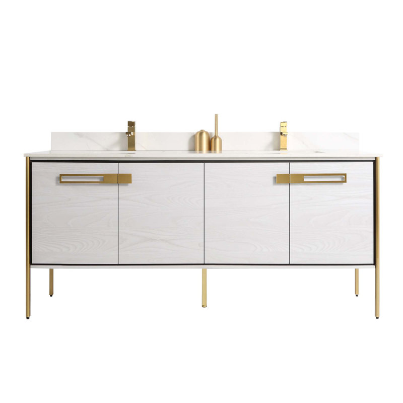 Meuble-lavabo double 72 po, Laiton satiné, Chêne gris doux