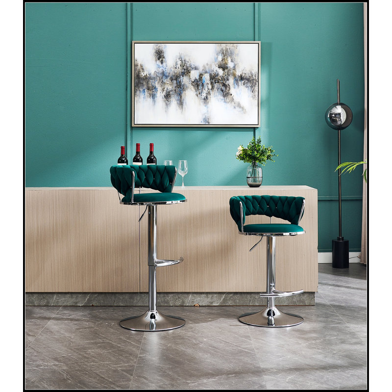 Ensemble de 2 tabourets de bar avec repose-pieds chromé, base, pivotant, hauteur réglable, revêtement en velours et conception simple - Vert