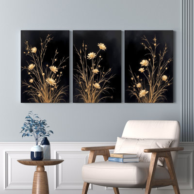 Golden Floral Canvas Wrapped Wall Art, Modern Botanical Print (Set of 3)