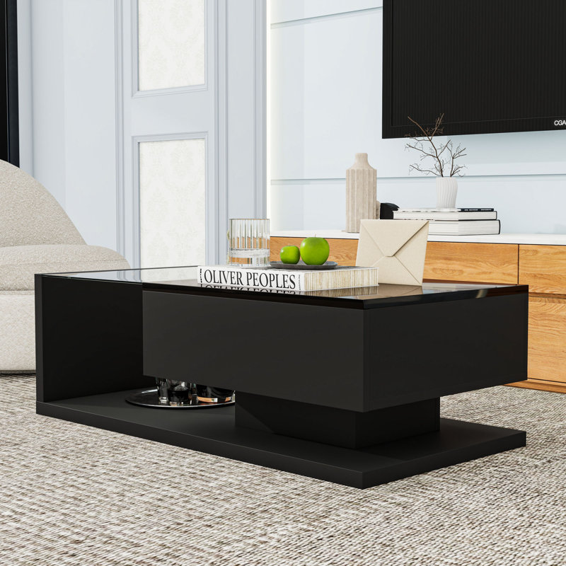 Table basse contemporaine ultrabrillante avec plateau en verre trempé et tiroir de rangement, Noir