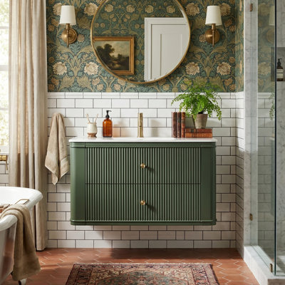 30" Modern Fluted Wall-Mounted Bathroom Vanity, Solid Wood Frame With Integrated Acrylic Sink With 2 Soft-Close Drawers (Green)