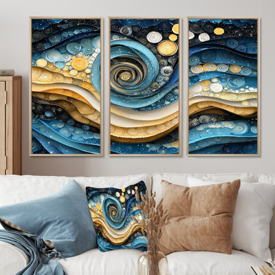 Temporal Flux Of Moon Abstract Spirals I - Art abstrait à grandes spirales abstraites - 3 panneaux