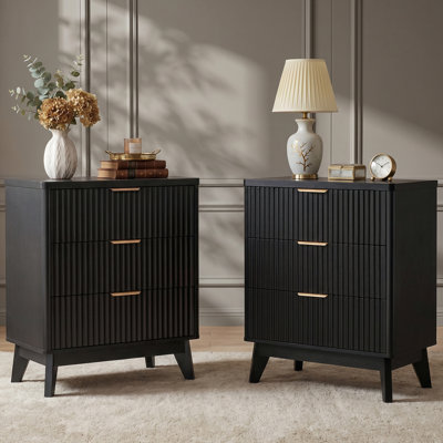 Rhythm Black  Night Stand Set of 2 with 3 Drawers, Fluted Bedside Table Set of 2, Wood Bedroom Nightstand, 23.6"W x 15.8"D x 28.3"H
