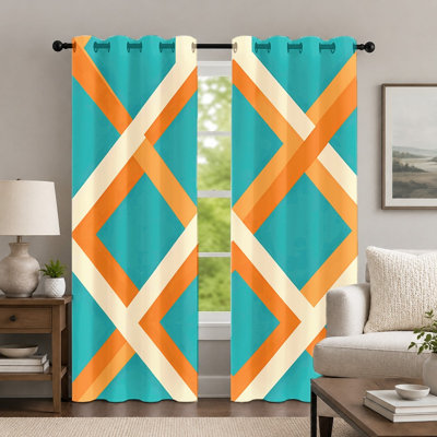 2 pièces rideaux à motif géométrique bleu sarcelle et orange, rideaux de style abstrait, rideaux à œillets contemporains à motif entrecroisé de style Mid-Century, habillage de fenêtre pour le décor de la chambre à coucher