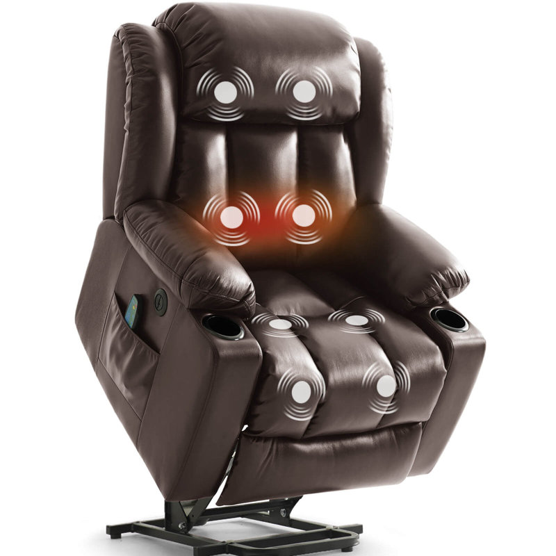 Power Lift Recliner Chair for Elderly With Vibration Massage Heat And Cup Holders, 2 Side Pockets, Brown Faux Leather