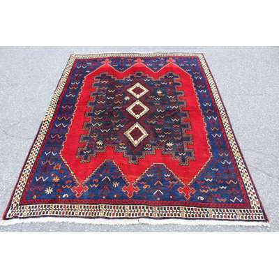 Tapis unique en laine noué à la main de style années 1940 de 5 pi x 6 pi 3 po en bleu / rouge / brun