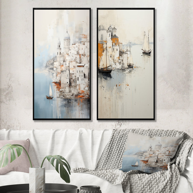 Minimalisme «Coastal Port Perception» - ensemble de 2 reproductions d'art mural, Cadre noir, H 28 po x l 25 po