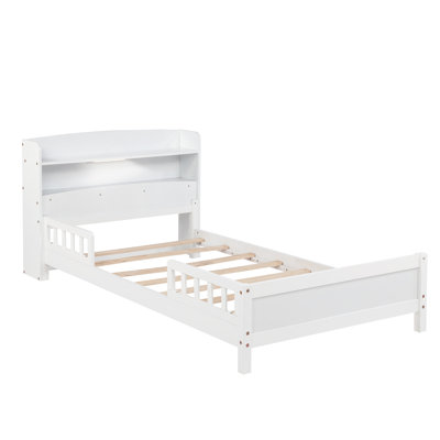 Twin Pine Wood Bed with Bookcase Headboard ,LED Motion Sensor Light, Guardrails,White