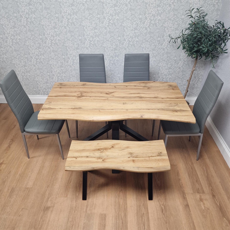 Wooden Dining Table with X-Shaped Iron Legs and 4 Metal Chairs and Bench Modern Dining Set (75cm), 75cm H x 140cm L x 80cm W