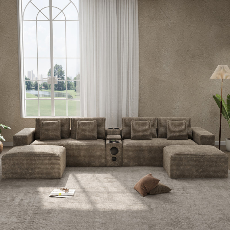 Boneless Oversized 151.6"W U-Shape Modular Sectional With Console, Cup Holders, Bluetooth Speaker & USB Ports, Light Brown
