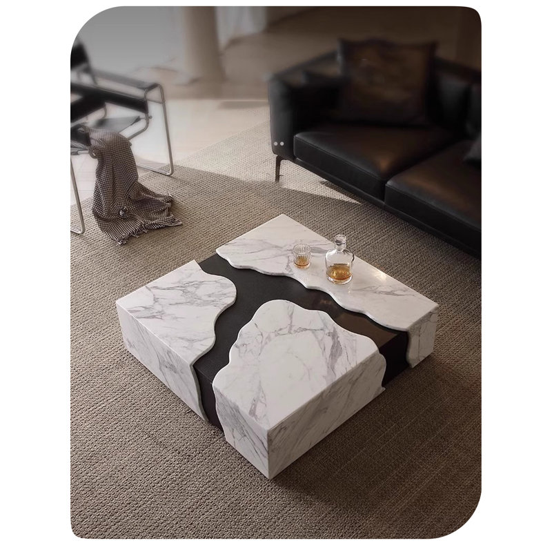 Exquisite Contemporary Stream Form Marble Coffee Table With Flowing Water Form Finish And Wood Veneer Base, Square Venato Carrara White