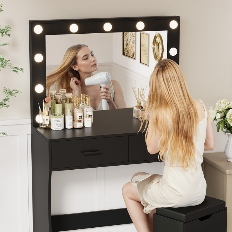 Ensemble coiffeuse avec tabouret et miroir Justan, Noir