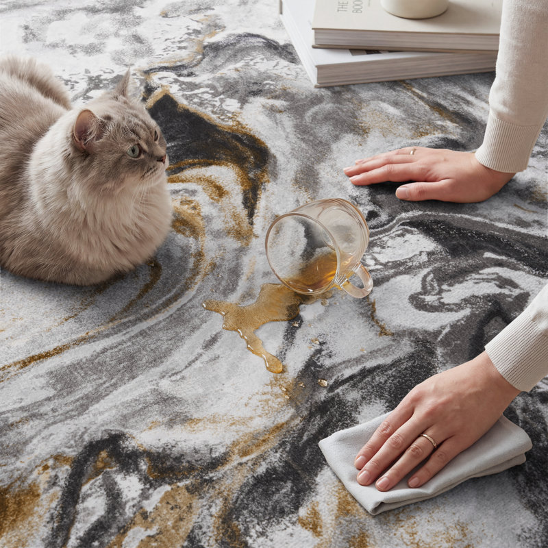 Soft Washable Contemporary Area Rug  With Non-Slip Backing In Marble Pattern, Rectangle 5' x 7', Black/Gold/Ivory/Gray