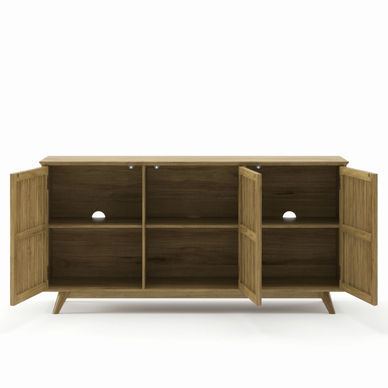 Meuble télé en bois de pin massif sans nœuds 58,86 po, armoire de rangement moderne Mid-Century avec portes sans poignée et tablette réglable, centre de divertissement pour le salon, la chambre à coucher et la cuisine