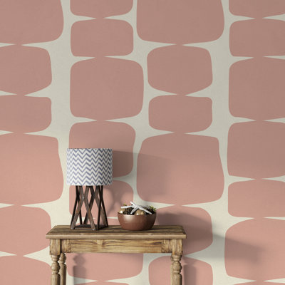 Murale rétro géométrique | Papier peint adhésif Mid-Century moderne rose | Décoration murale de salon amovible