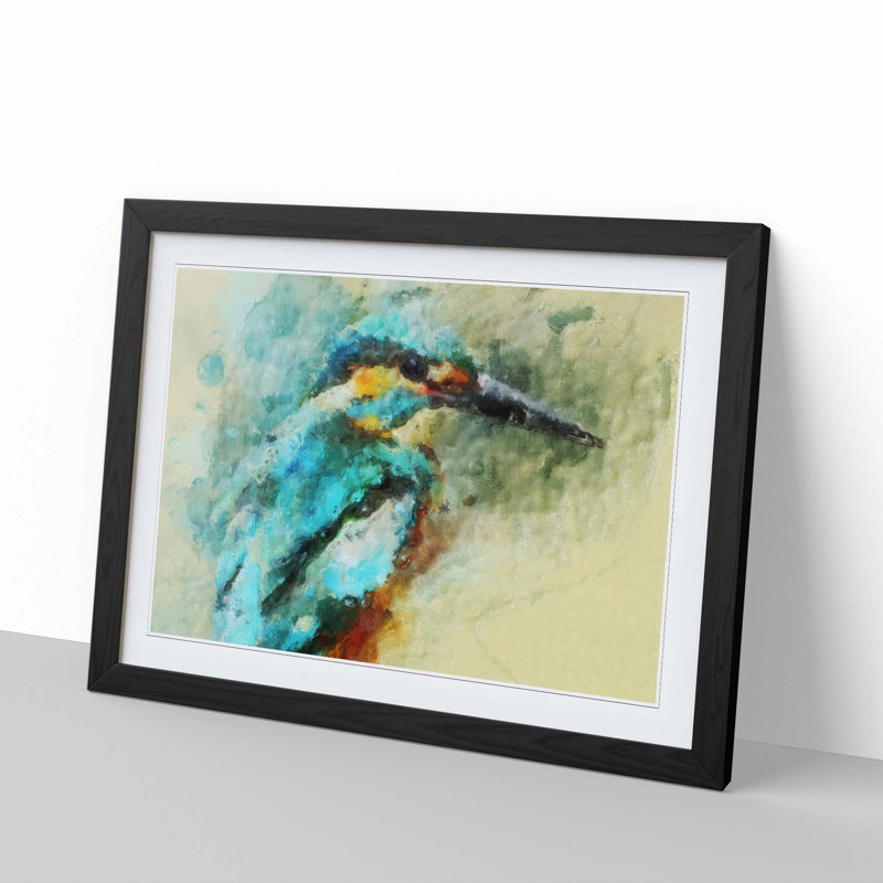 Kingfisher Illustration in Abstract - Picture Frame Painting Print, 60cm H x 91cm W x 2cm D, Black