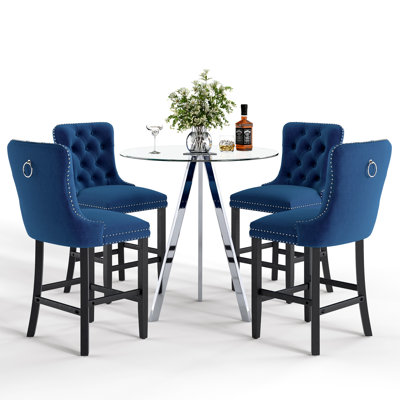 Tempered Glass Round Bar Table Set, Bar Height Set, Tempered Glass Round Dining Table And Height Bar Stools