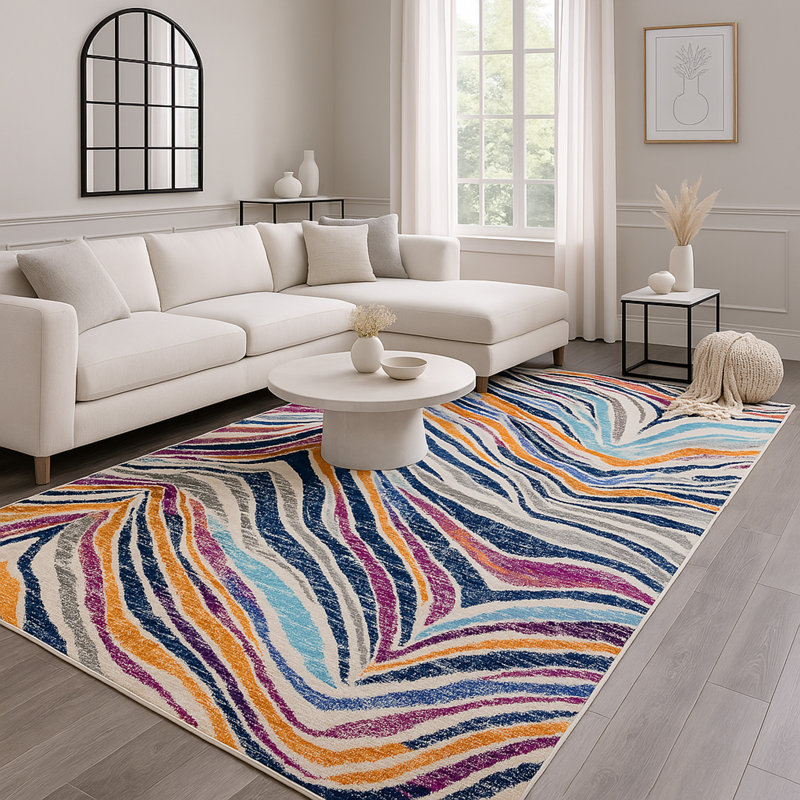 Tapis bleu abstrait Kymiere, Rectangle 3 pi 9 po x 5 pi 6 po