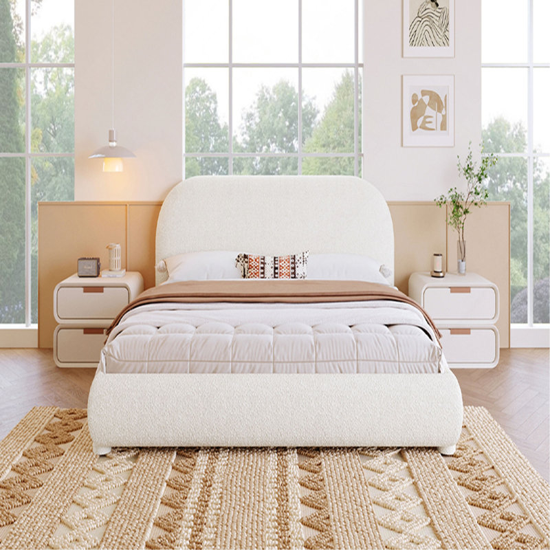 Lit tapissier en tissu de style crème, lit double simple de style moderne, très grand lit, King