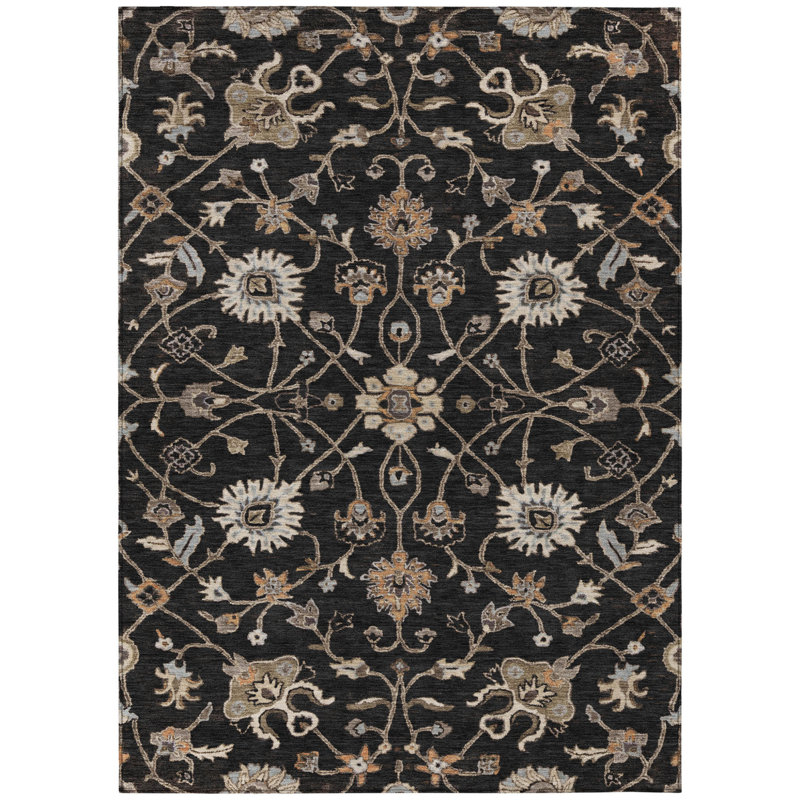 Tapis extérieur lavable floral noir 3 pi x 5 pi brun et ivoire