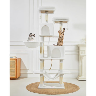 Cat Tree, 71.7-Inch Cat Tower For Indoor Cats, Plush Multi-Level Cat Condo With 13 Scratching Posts, 2 Perches, 2 Caves, Hammock, 2 Pompoms, Cream White MS013LC