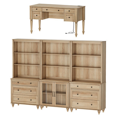 Scarlett 2 Piece Office Set, 56" Executive Desk, Bookcases With 3 Drawers And 2 Glass Cabinets, Oak