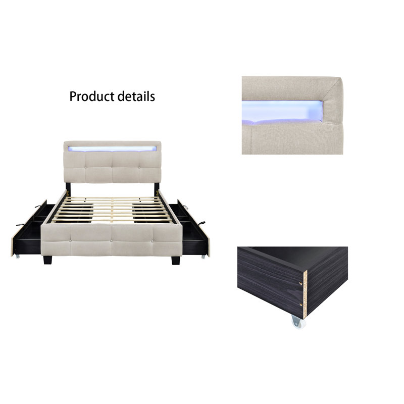 Lit plateforme tapissier avec rangement Duffey, Double, Beige