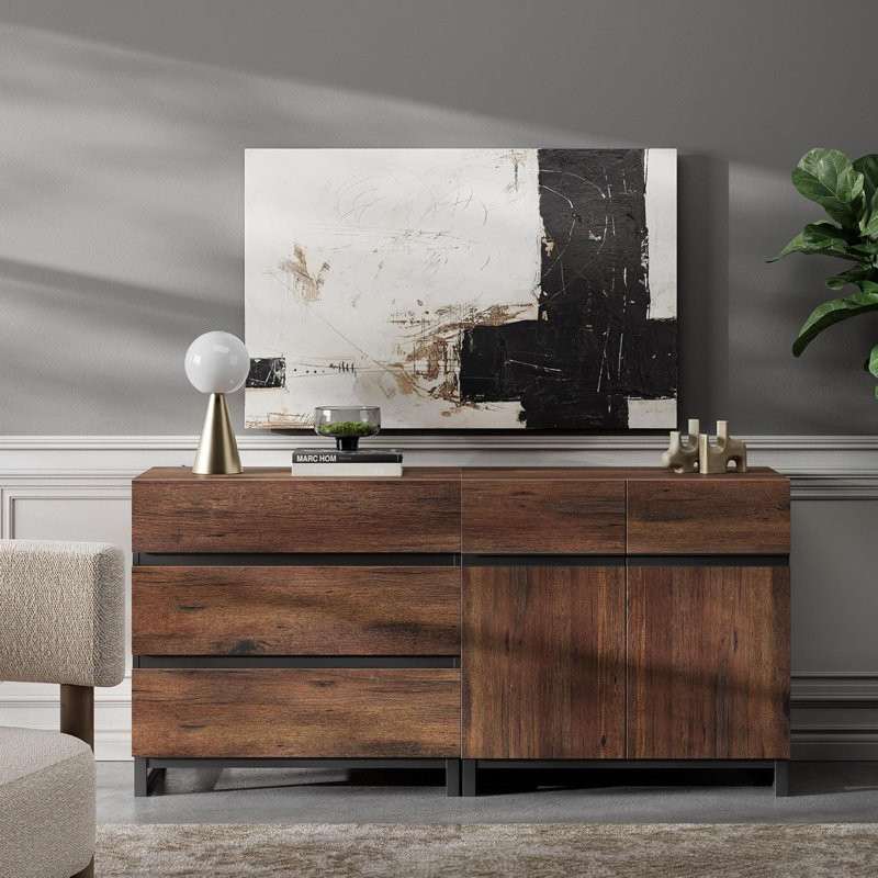 Nellie Modern Storage Cabinet, 2-In-1 Sideboard With Adjustable Shelf And 3 Drawers, Coffee Bar Cabinet For Living Or Dining Room, Brown