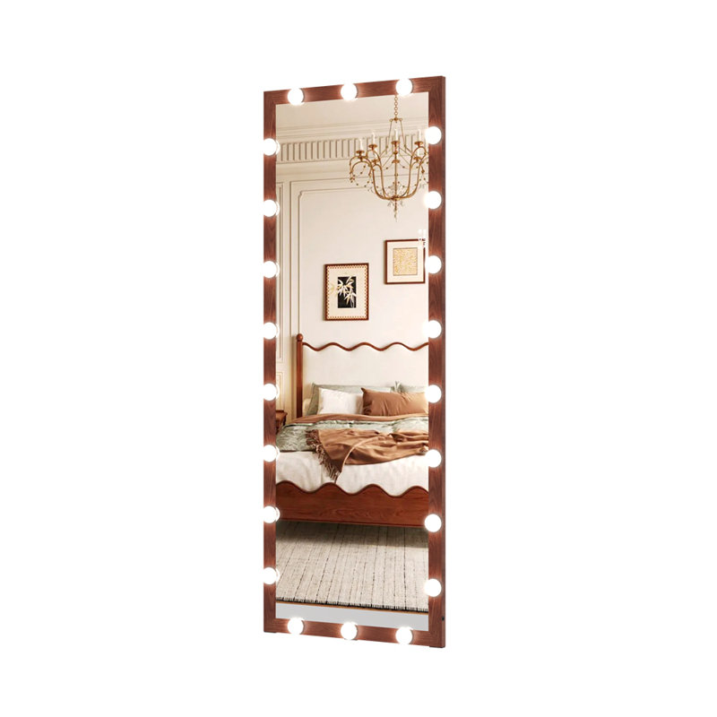 Hollywood Full Length Mirror with Lights Full Body Vanity Mirror with 3 Color Modes Wall Lighted Standing Floor Mirror for Dressing Room Bedroom Hotel Touch Control walnut 62.6"x23.3"