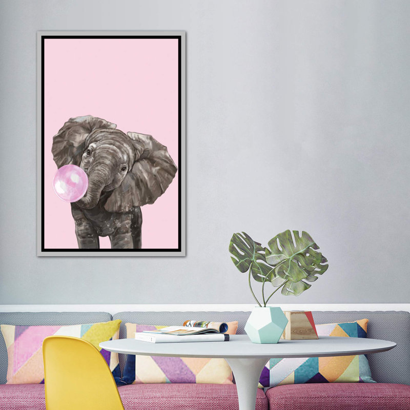 Art d’éléphant de gomme à bulles, H 60 po x l 40po x P 1,5 po, Toile avec cadre argenté