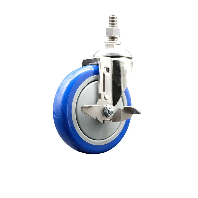 Roulettes pivotantes à tige filetée en polyuréthane de 5 po, 316SS, 3/8 po avec frein