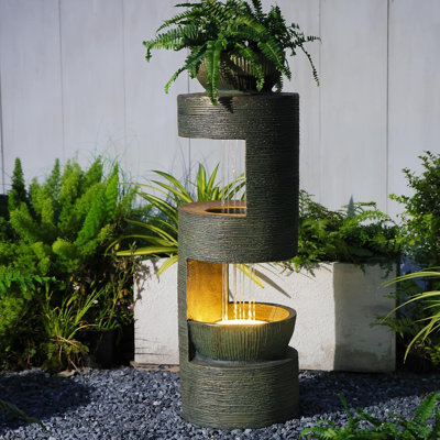 Modern Column Rain Curtain Cascading Water Fountain with LED Lights & Planter, 37.8:H Garden Resin Outdoor Water Feature for Garden Patio Decor