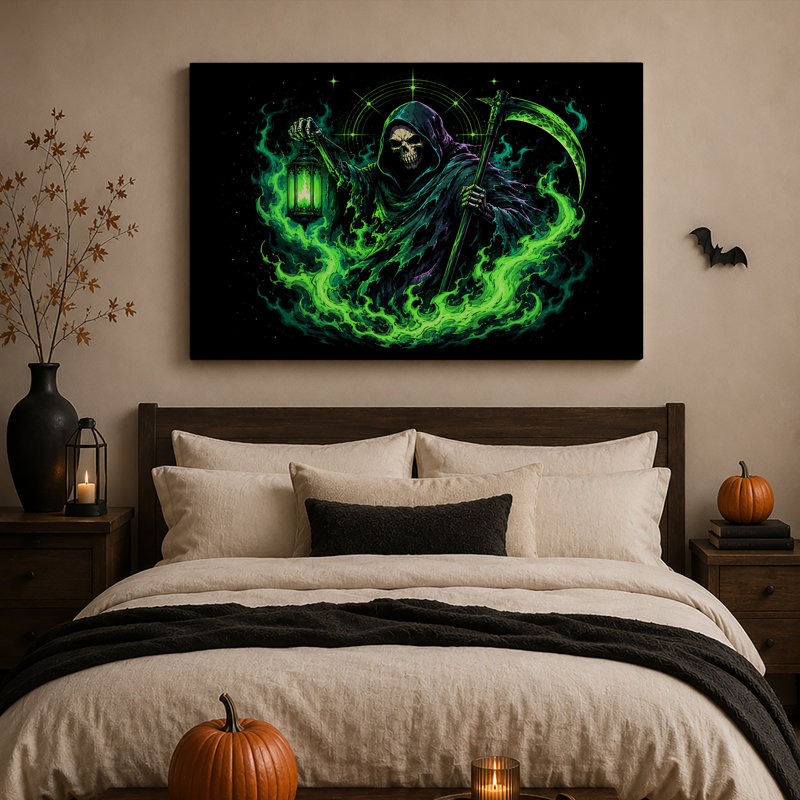 «Grim Reaper tenant une lanterne verte», H 16 po x l 24 po