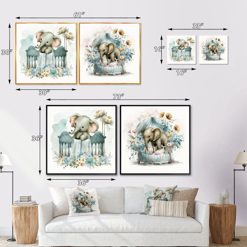 Bébé éléphant dans un lit de bébé avec fleurs - ensemble de 2 animaux carrés, H 16 po x l 33 po, Toile tendue