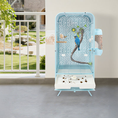 Cage à oiseau 30,3 pouces moderne en fer forgé avec porte transparente et décor d'arbre simulé