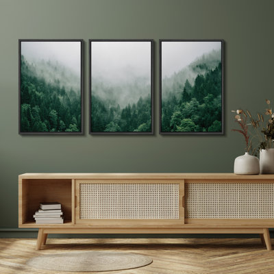 Misty Forest Landscape Vibrant Green Mountain Nature Pictures Framed Canvas 3 Pieces Print Wall Art